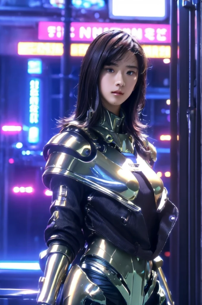 Highest quality, masterpiece, figure, (Realistic, photo-Realistic:1.37), wonderful, In detail, Incredibly absurd, Large file size, Very detailed, High resolution, Very detailed CG Unity 8k wallpaper, Very detailed目と顔, Ray Tracing, Browsing Caution, NUDE, One girl, Korean cyborg girl is innocent and young々Has a sly expression. She poses boldly with her arms raised above her head, Revealing her voluptuous figure. She is wearing a small black mecha armor top that barely covers her breasts., Exposing most of her flawless skin. Her shoulders and head have more armor detailing.、There are shining highlights, Tech Panels and Mechanisms. She is standing against a futuristic cityscape lit up with vibrant neon lights.、Standing full of energy。.