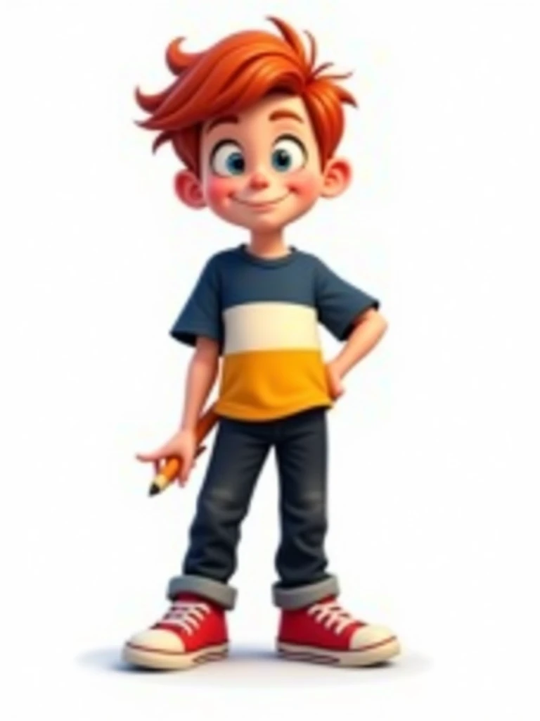 A red-haired boy with a dark blue, yellow and white shirt, black pants and red sneakers, holding a pencil, with a backpack on his back. 2D style drawing, he is on a white background.