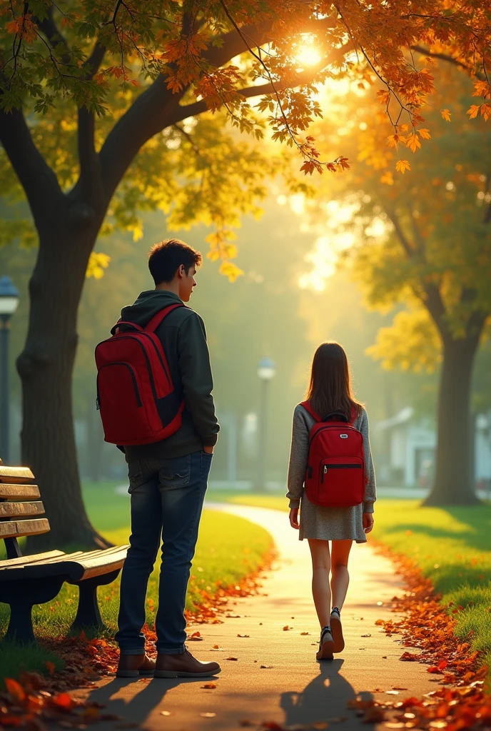 Show a sad man watching a woman walk toward a new school. The girl is moving on, leaving the boy behind, highlighting their growing distance."