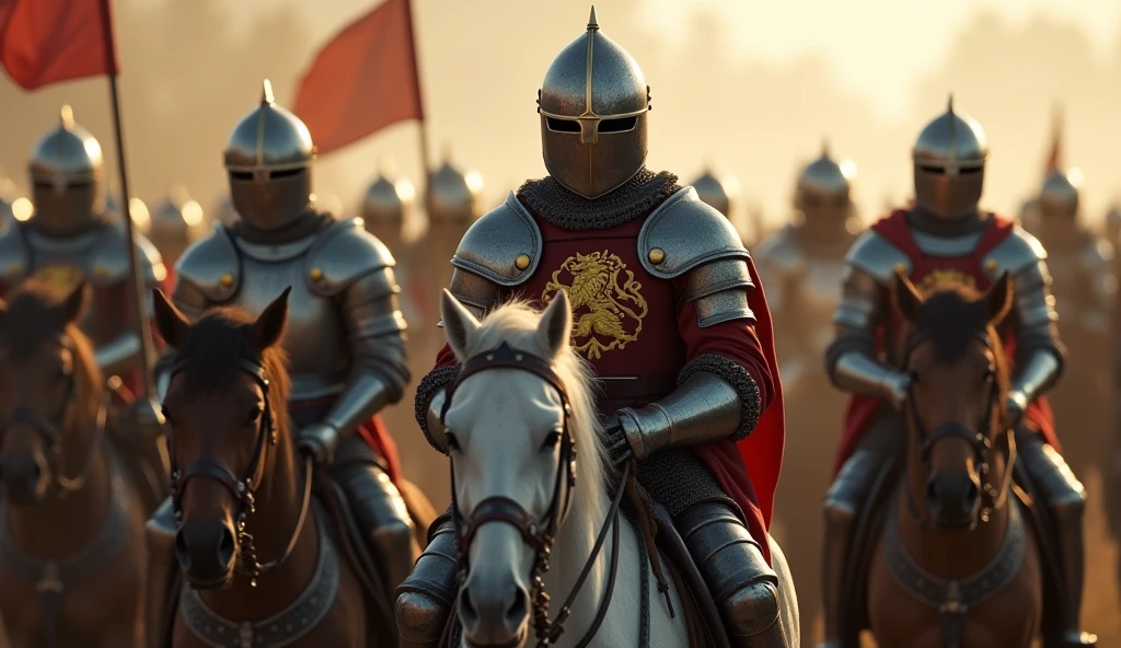 A highly realistic, high-contrast, 8K HD, detailed, hyper-detailed image of medieval knights advancing on horseback. The knights, clad in steel armor with lion emblems on their tunics and armor, and helmets fully covering their faces, ride powerful warhorses as they move forward in formation. Their swords are sheathed at their sides, and their armor gleams in the light as they lead the march. The horses are strong and determined, matching the resolve of the knights who ride them. The atmosphere is filled with anticipation and strength, capturing the unity and power of the knights as they advance towards the battle. The image is of the highest quality, with ultra-high resolution, RAW photo quality, and Unreal Engine rendering, showcasing the majestic sight of the knights and their warhorses as they march with purpose, with the lion emblem prominently displayed on their armor.
