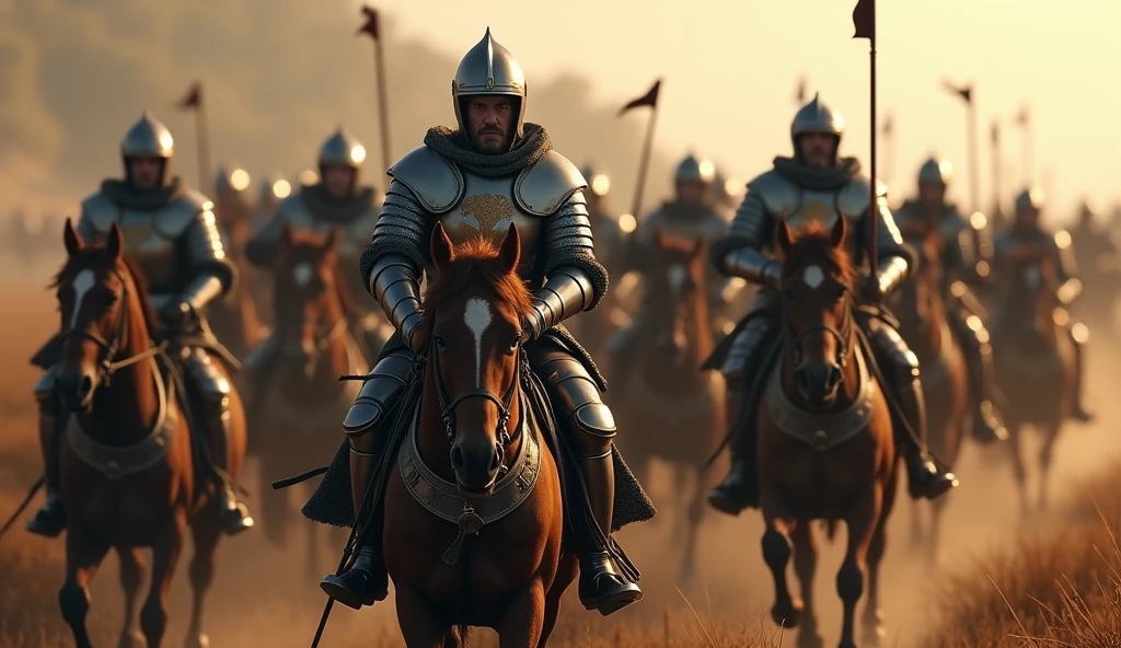 A highly realistic, high-contrast, 8K HD, detailed, hyper-detailed image of medieval knights advancing on horseback. The knights, clad in steel armor with lion emblems on their tunics and armor, and helmets fully covering their faces, ride powerful warhorses as they move forward in formation. Their swords are sheathed at their sides, and their armor gleams in the light as they lead the march. The horses are strong and determined, matching the resolve of the knights who ride them. The atmosphere is filled with anticipation and strength, capturing the unity and power of the knights as they advance towards the battle. The image is of the highest quality, with ultra-high resolution, RAW photo quality, and Unreal Engine rendering, showcasing the majestic sight of the knights and their warhorses as they march with purpose, with the lion emblem prominently displayed on their armor.