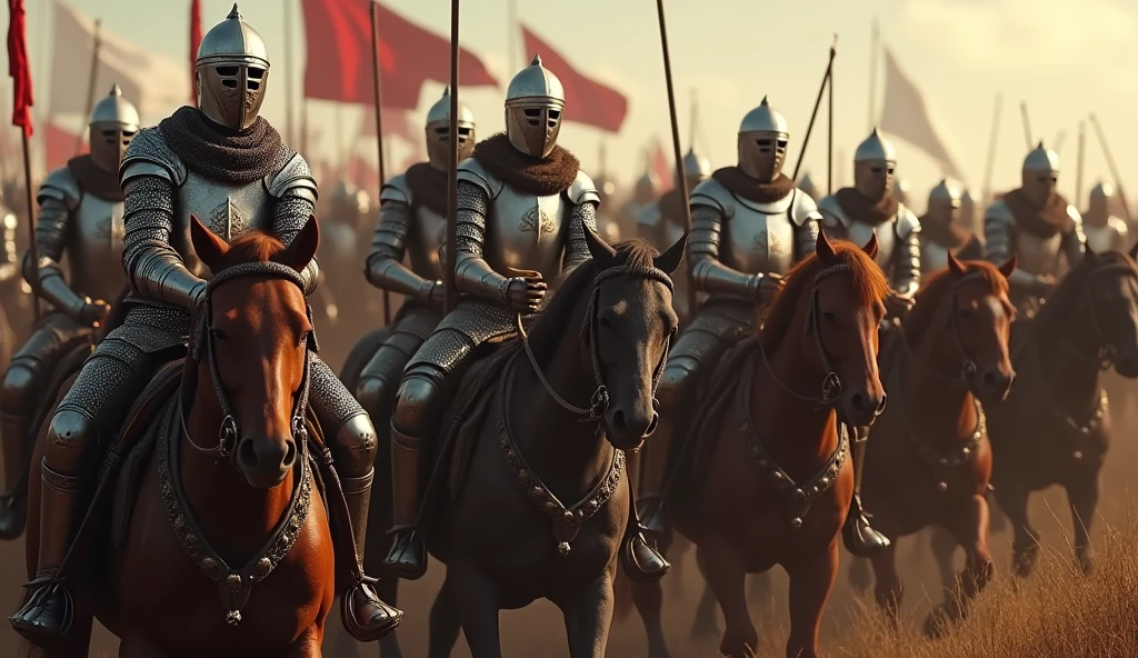 A highly realistic, high-contrast, 8K HD, detailed, hyper-detailed image of medieval knights advancing on horseback. The knights, clad in steel armor with lion emblems on their tunics and armor, and helmets fully covering their faces, ride powerful warhorses as they move forward in formation. Their swords are sheathed at their sides, and their armor gleams in the light as they lead the march. The horses are strong and determined, matching the resolve of the knights who ride them. The atmosphere is filled with anticipation and strength, capturing the unity and power of the knights as they advance towards the battle. The image is of the highest quality, with ultra-high resolution, RAW photo quality, and Unreal Engine rendering, showcasing the majestic sight of the knights and their warhorses as they march with purpose, with the lion emblem prominently displayed on their armor.