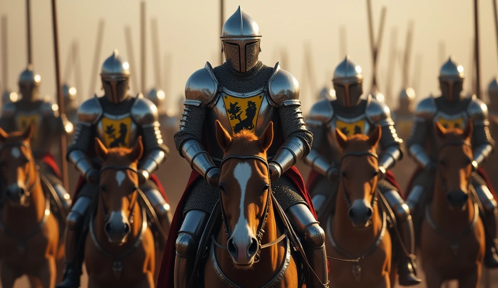A highly realistic, high-contrast, 8K HD, detailed, hyper-detailed image of medieval knights advancing on horseback. The knights, clad in steel armor with lion emblems on their tunics and armor, and helmets fully covering their faces, ride powerful warhorses as they move forward in formation. Their swords are sheathed at their sides, and their armor gleams in the light as they lead the march. The horses are strong and determined, matching the resolve of the knights who ride them. The atmosphere is filled with anticipation and strength, capturing the unity and power of the knights as they advance towards the battle. The image is of the highest quality, with ultra-high resolution, RAW photo quality, and Unreal Engine rendering, showcasing the majestic sight of the knights and their warhorses as they march with purpose, with the lion emblem prominently displayed on their armor.