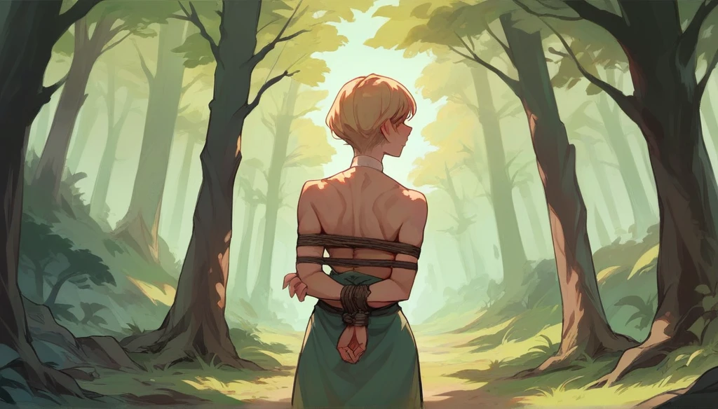Princess imprisoned in forest. Tied hands behind back