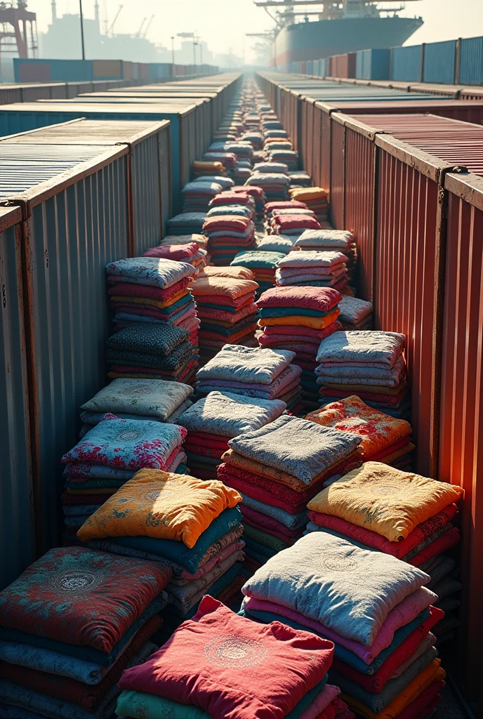 bales of clothes inside containers for export and add some cargo containers in the background that look realistic