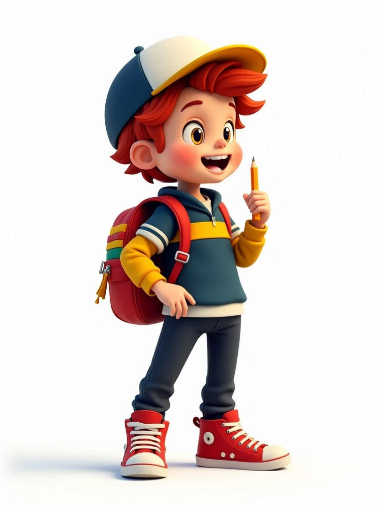 A red-haired boy with a dark blue, yellow and white shirt, black pants and red sneakers, holding a pencil, with a backpack on his back. 2D style drawing, he is on a white background.