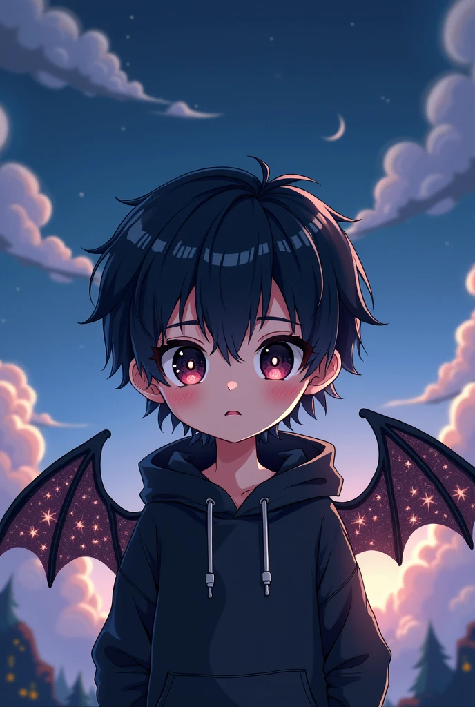 Chibi, anime style with eyeliner, short to medium length, creates a boy with black hair, black hoodie, with black wings and a black liquid dripping from his eyes