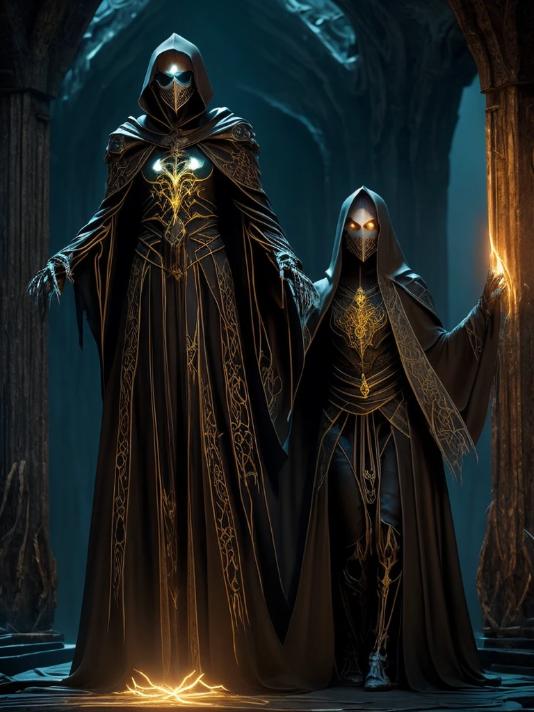 A Moira, a Weaver of Fate, They appear as a monstrous, non-human woman with an ancient and skeletal appearance., She wears a white mask. Her skin is wrinkled and pale, marked by dark veins that speak of an ancient power. She is enveloped in long black robes, undulating like living shadows, adorned with arcane sigils that glow with a faint silvery light.
In your skeletal hands, hold black and gold threads, thin as silk, each representing the life of a living being. Their eyes, a penetrating yellow, see through the veil of time and fate, loaded with ancient and disturbing wisdom.
The Moira reside in a timeless space, maybe a cave or a stone room, illuminated only by the sigils on their cloaks and the ethereal glow of the threads they weave. The surrounding atmosphere is thick and palpable, impregnated by the constant presence of inevitable fate.