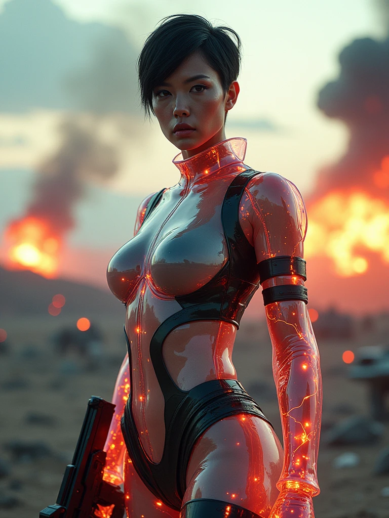 Beautiful and lovely military woman with a transparent plastic cyborg uniform and a large weapon, super detailed image