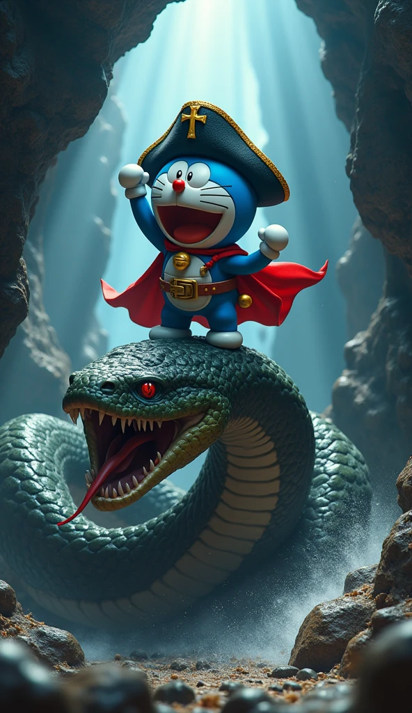 An image of Captain Doraemon wearing a pirate costume . Doraemon defeats the giant snake in the cave, standing on the giant snake..sharp 4k 3d images 
