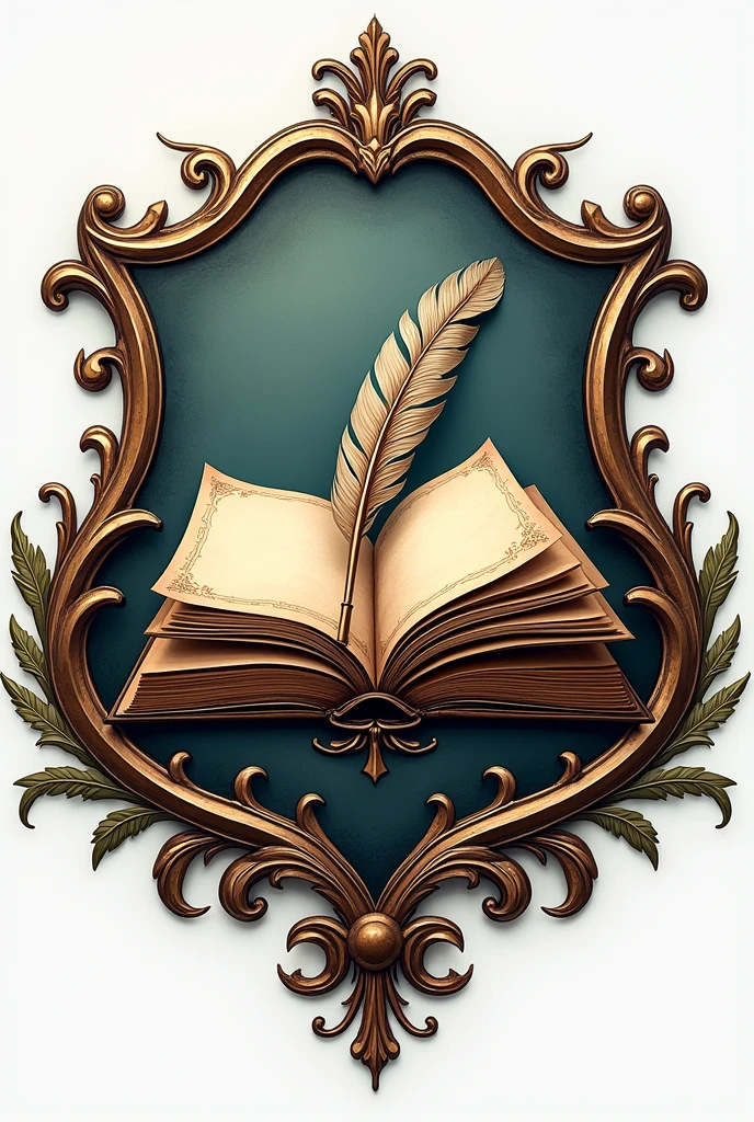 Please design a logo inspired by English literature. The logo should feature elements such as a classic book, a quill or pen, and perhaps an emblematic symbol like a shield or crest. Incorporate subtle details that evoke the essence of literary tradition and historical significance. The design should blend these elements harmoniously, reflecting the richness and depth of English literary heritage."