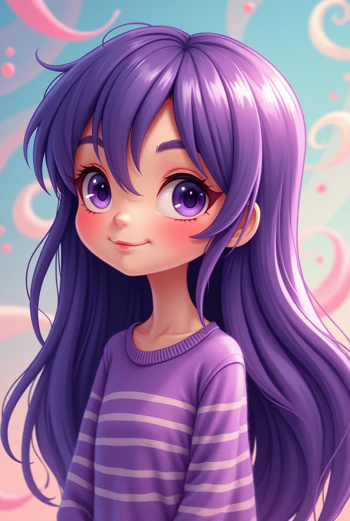 A stuffed girl, with long purple hair and messy bangs, her pale pinkish yellow skin like a puppet, dark purple eyes and pale black eyeshadow. She is wearing a purple striped sweater and is looking to the side and smiling tenderly.. Let this be drawn in a 2d cartoon style