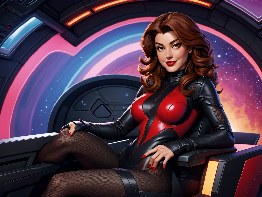 High-quality acrylic painting, VIVID COLORS, lateral point a view, a beautiful woman with brown curly hair, looking at the viewer with suspicious face and a shy smile, red lips, she wears black ultra-sheer BODYSTOCKING, in a command chair in the cockpit of a spaceship