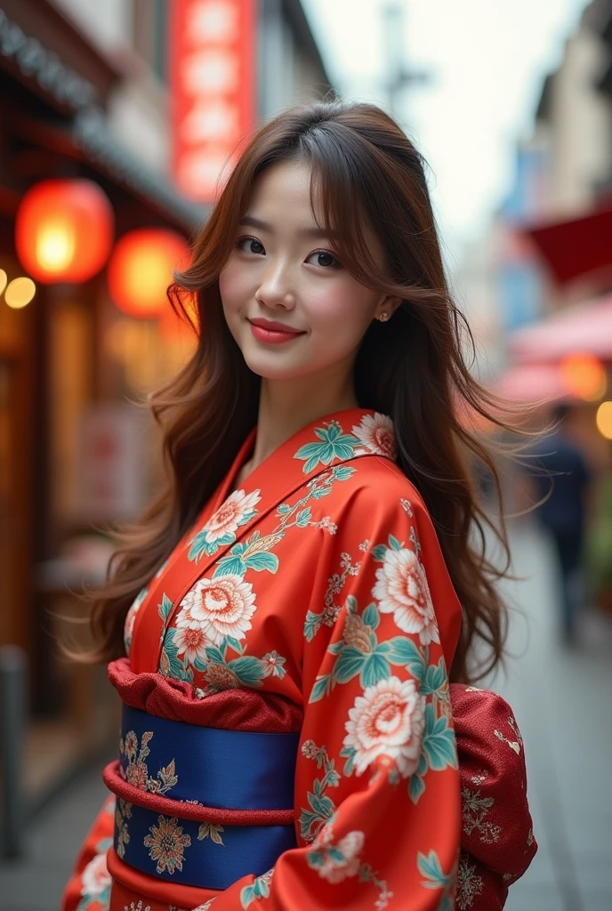((Maximum quality、8k、work of art:1.3))、Selfie、Beautiful women in perfect shape:1.4、(long brown hair、normal breast:1.3)、(Japanese floral yukata)、Highly detailed texture of face and skin、Delicate Eyes、Double eyelids、a smirk:1.5、all-body、sacrifice、in street、natta