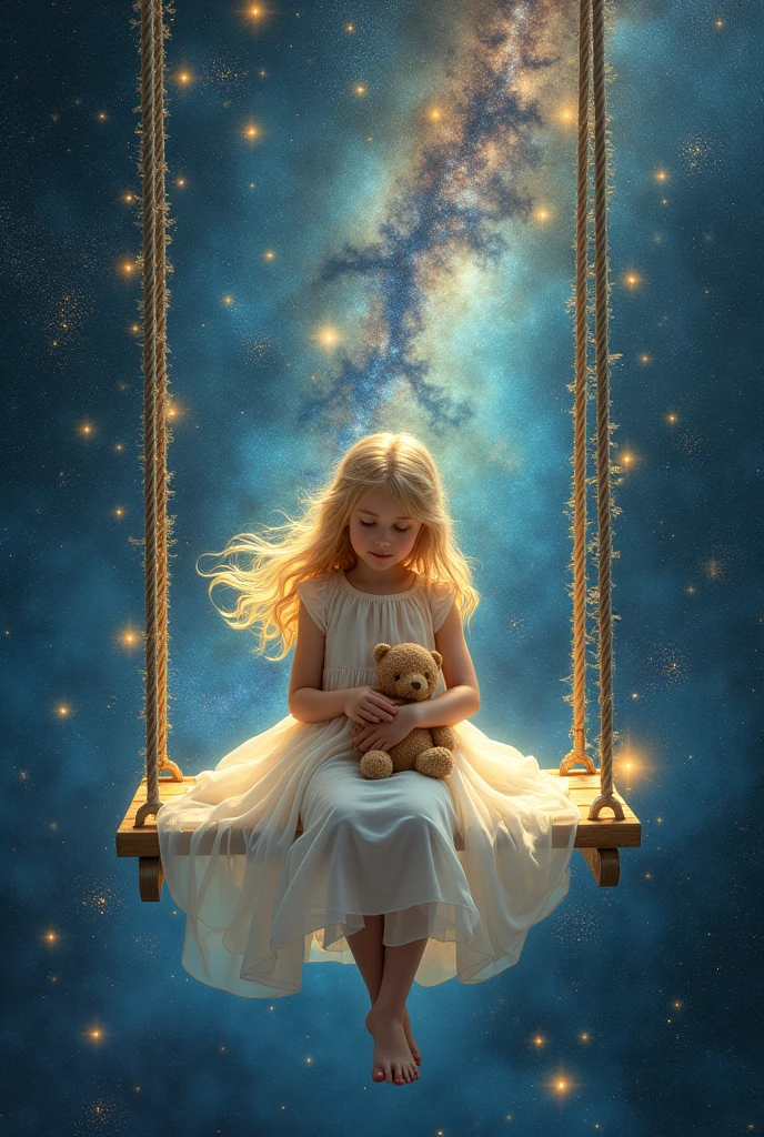 a blonde, with white dress, sitting on a swing with a teddy bear in my lap, in the middle of the milky way