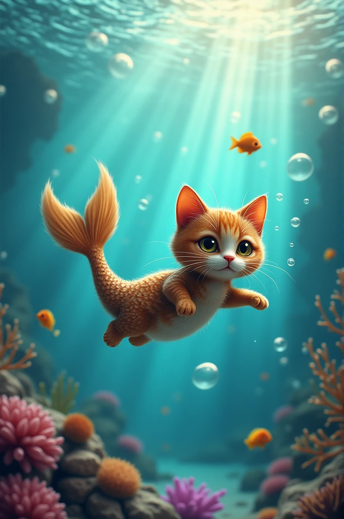 tortoiseshell purrmaid- realistic cat with mermaid tail, fur like scales 