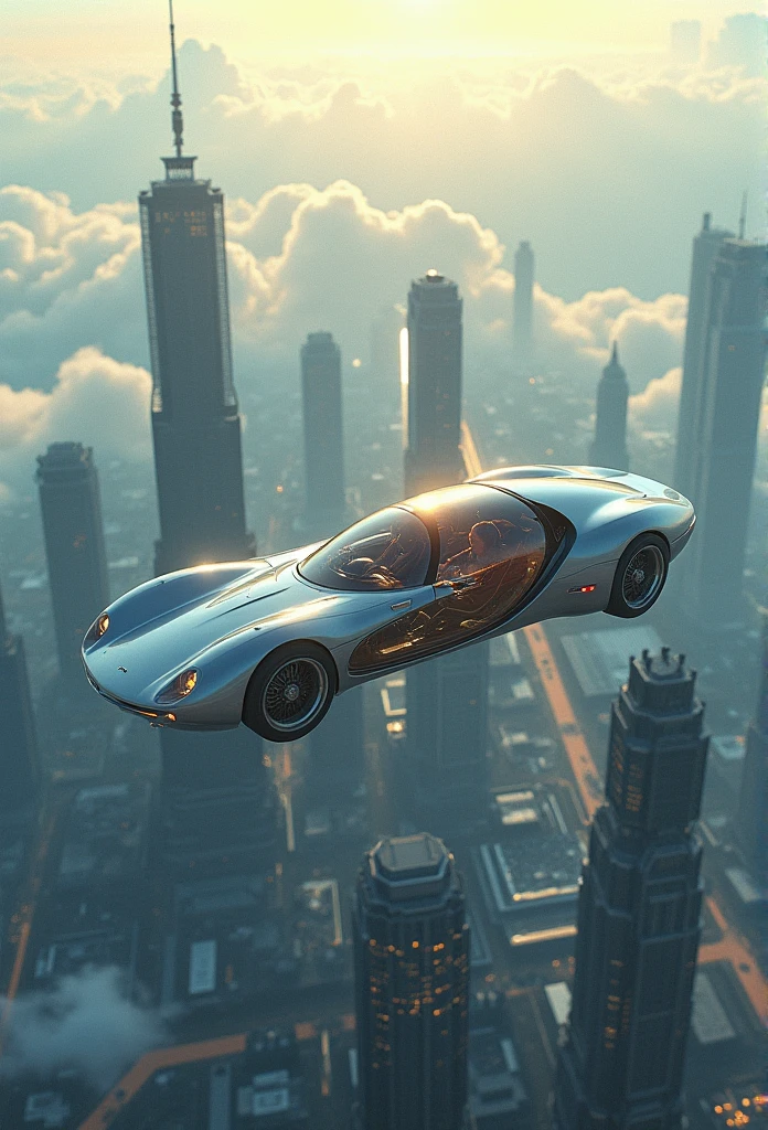 Carro futurista, designer oval, cabine transparente mostrando piloto, flying at altitude over a city with gleaming buildings on a planet illuminated by the midday sun, arte intrincada, detalhes precisos, fiction art, revista premiada, cinematic quality, 8K