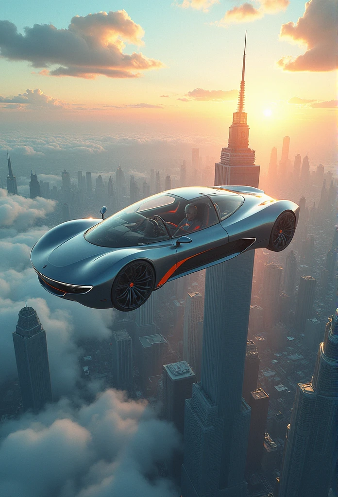 Carro futurista, designer oval, cabine transparente mostrando piloto, flying at altitude over a city with gleaming buildings on a planet illuminated by the midday sun, arte intrincada, detalhes precisos, fiction art, revista premiada, cinematic quality, 8K