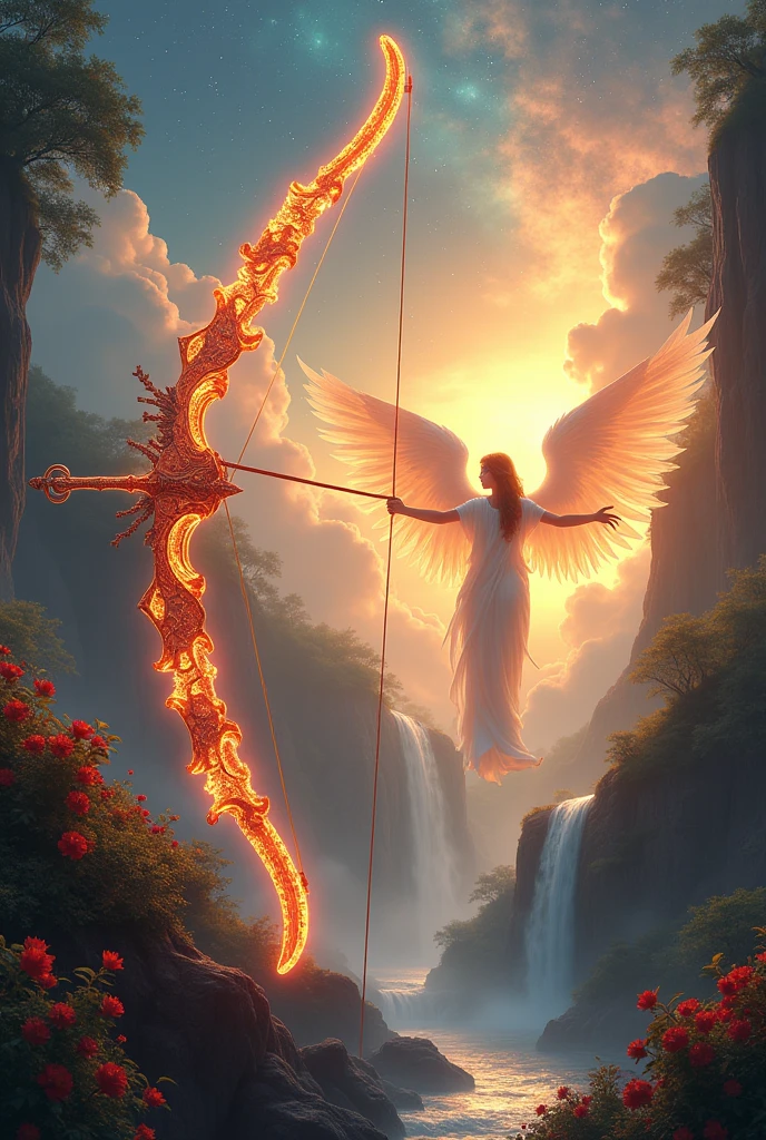 Draw a longbow, known as the Arc of Heavenly Fire, that shoots sacred flames belonging to an angel, magical, blessed, in the background an angelic paradise. 8k, epic