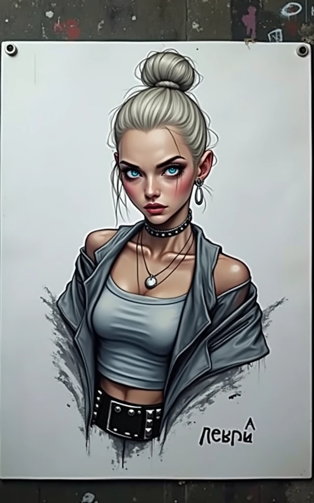 Old russian milf, platinum blonde hair in top bun ,with very light blue eyes, pale, heavy eye shadow s. Wearing black moto jacket, cropped rock t-shirt, black leather jeans and white tennis sneakers. Wide studded belt,Scared