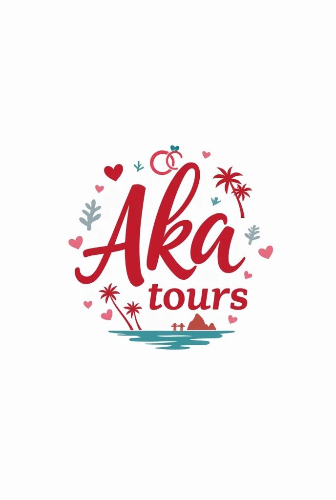 Create a logo for a travel agency that says Aka Tours with red colors. , pink and blue
with drawings alluding to a honeymoon