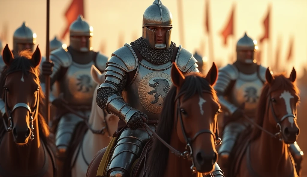 A highly realistic, high-contrast, 8K HD, detailed, hyper-detailed image of medieval knights advancing on horseback. The knights, clad in steel armor with lion emblems on their tunics and armor, and helmets fully covering their faces, ride powerful warhorses as they move forward in formation. Their swords are sheathed at their sides, and their armor gleams in the light as they lead the march. The horses are strong and determined, matching the resolve of the knights who ride them. The atmosphere is filled with anticipation and strength, capturing the unity and power of the knights as they advance towards the battle. The image is of the highest quality, with ultra-high resolution, RAW photo quality, and Unreal Engine rendering, showcasing the majestic sight of the knights and their warhorses as they march with purpose, with the lion emblem prominently displayed on their armor.
