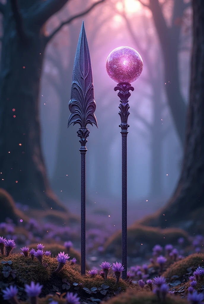 As a spear and a staff, purple and gray in color