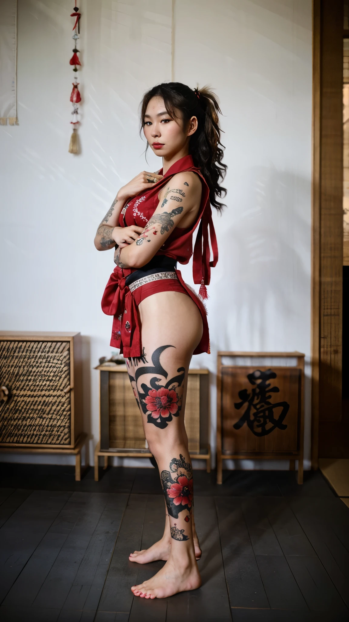 20 year old japanese woman and beautiful and masterpiece and best quality and TATTOO and IREZUMI and film grain, full body