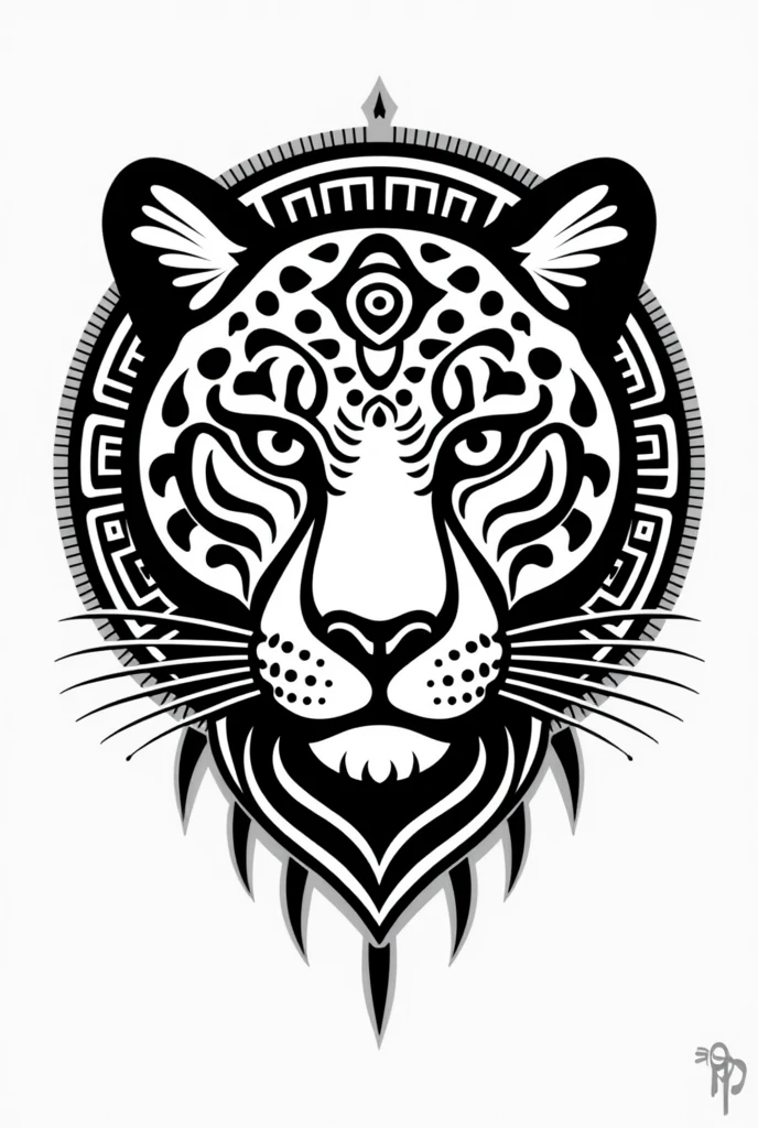 Minimalist black and white vector of a jaguar head in Mayan style