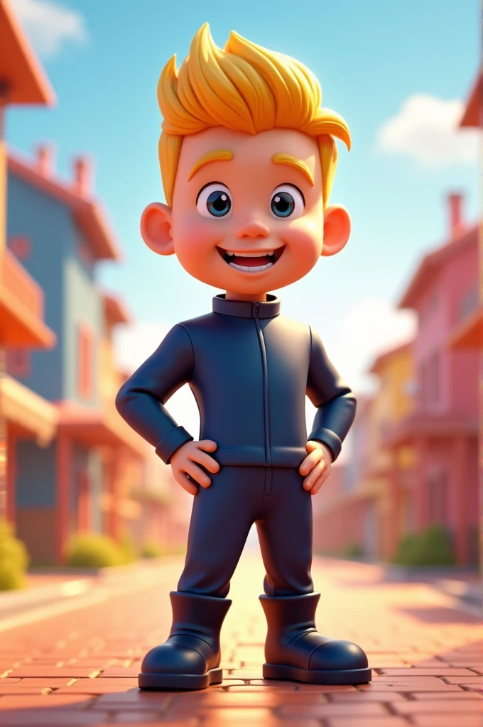 Create a male 3d mascot , I want a blonde character with a short quiff who wears a dark blue uniform and dark blue pants too without a logo and without details with black boots with a full HD image ,