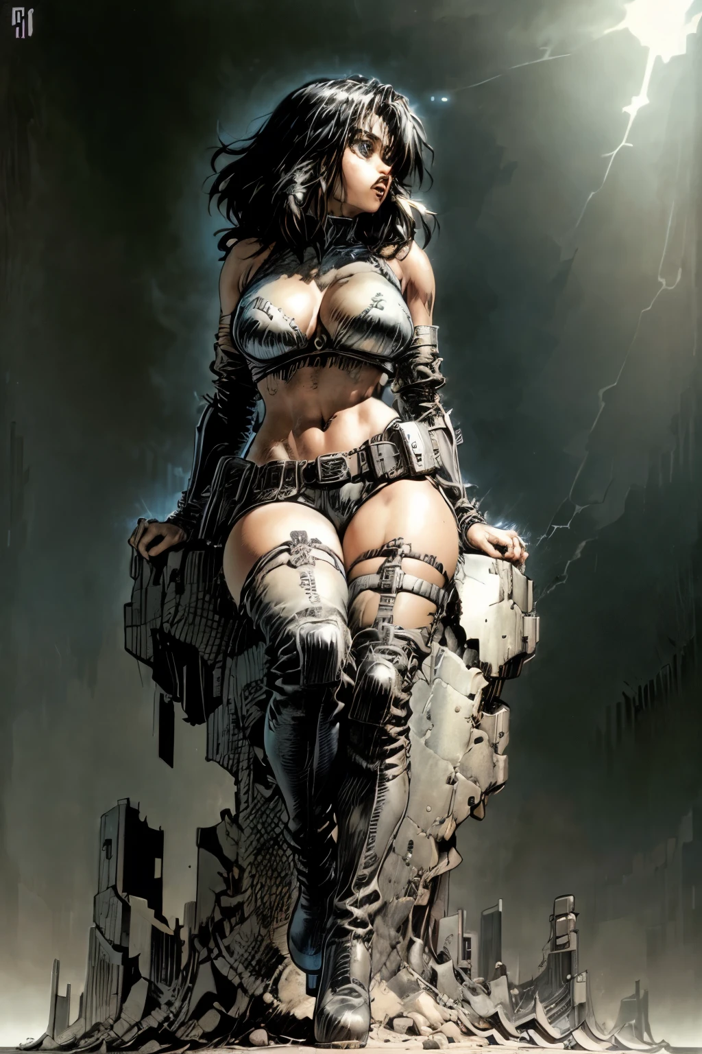  background cyberpunk scenery,  (big eyes 80s anime style), long thigh-high boots,  profile posing ,Alita character from the movie Alita Battle Angel, mini shorts, shoulders armor, chest armor with neckline, sitting on a rock, cyberpunk city devoid of background, character looking straight ahead 