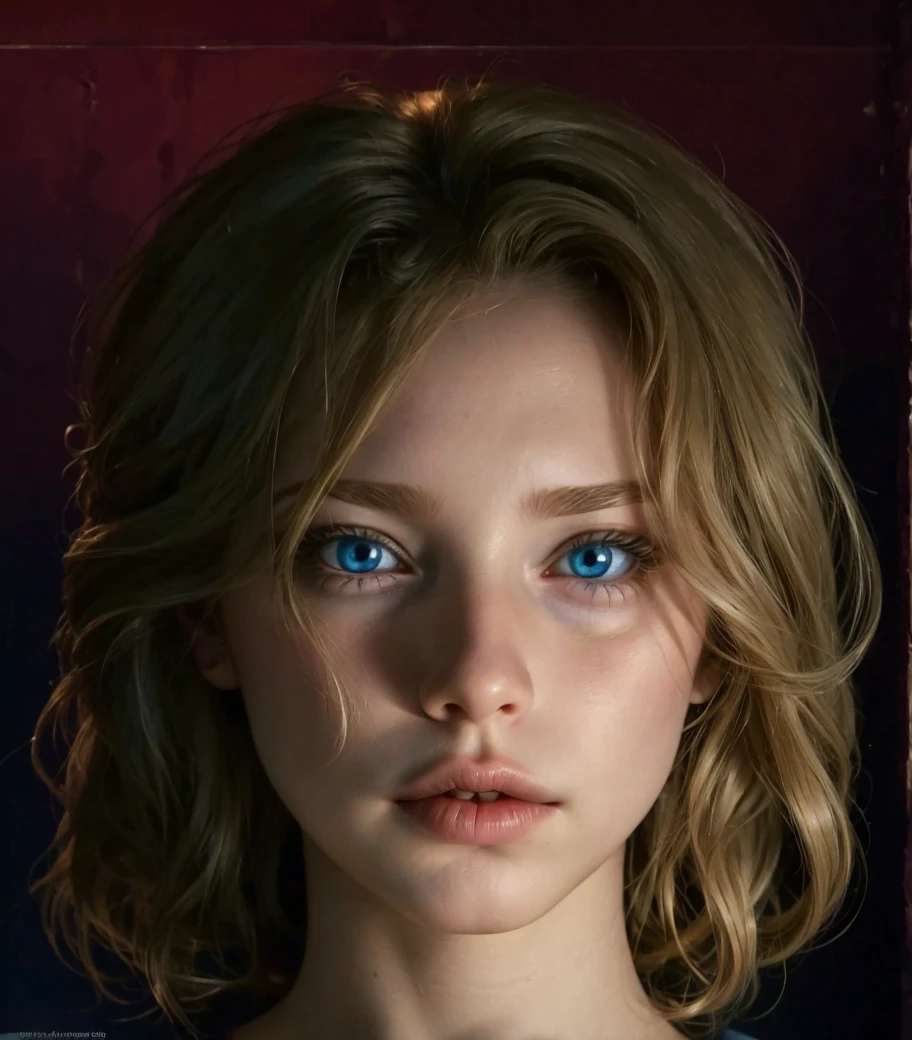 Girl, blond wavey hair, light blue eyes, button nose, big lips, Frickles