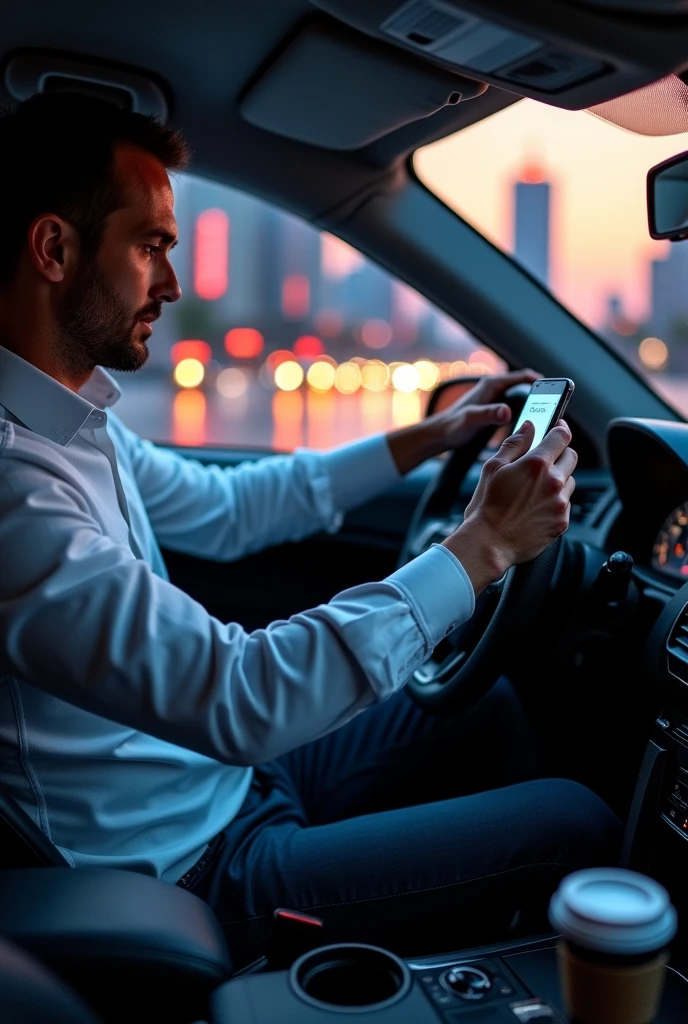 Man driving with his phone in hand