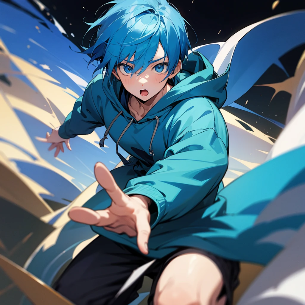 Anime, boy, blue hair, blue hoodie
