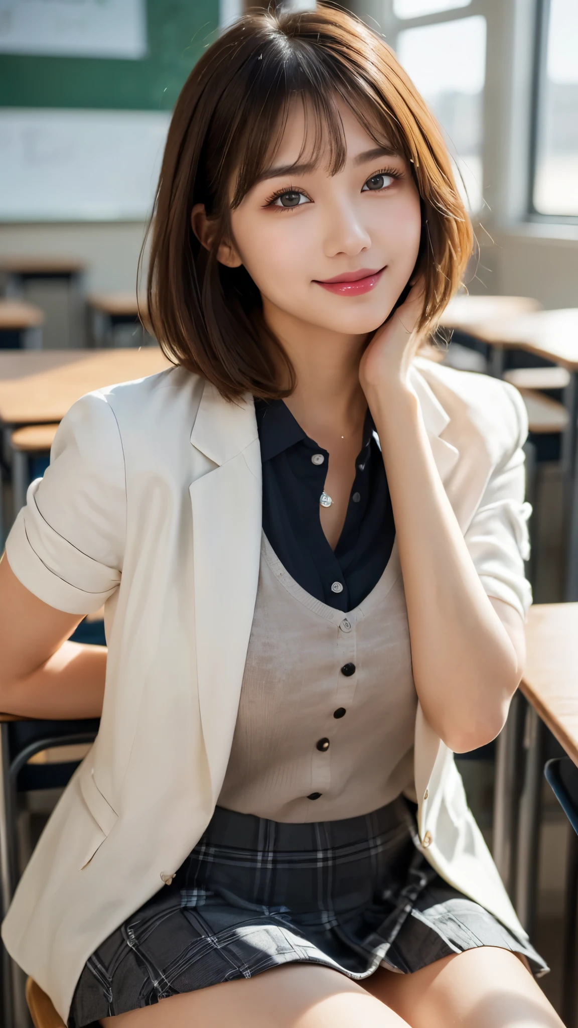 (masterpiece:1.3), (16k, photorealistic, RAW photo, best quality: 1.4),(photo of a beautiful Japanese girl), absurdres, attractive, ultra high resolution, ultra realistic, highly detailed, golden ratio, ultra detailed, super fucking beautiful detailed face, natural makeup, detailed cloth texture, detailed hair texture, beautiful detailed fullbody, Perfect female body, accurate, Anatomically correct, Highly detailed face and skin texture, (beautiful hands), (realistic skin), (beautiful pale skin:1.1), (Perfect dynamic composition, looking at viewer, full body shot:1.3),
BREAK,
realistic eyes, beautiful detailed eyes, symmetric eyes, Light Brown eyes, Double eyelids, Thin eyebrows, (Glossy lips:1.4), ((A face with waiting for a kiss, Seductive smile:1.2)), (weat skin, blush:1.1),
BREAK,
((short hair, bob, Dark blonde hair, bangs:1.2)), (Daytime, Straddling a chair, classroom:1.3), (school uniform, White short sleeve, Blue jacket, Checkered mini skirt, Black Loafers:1.3)