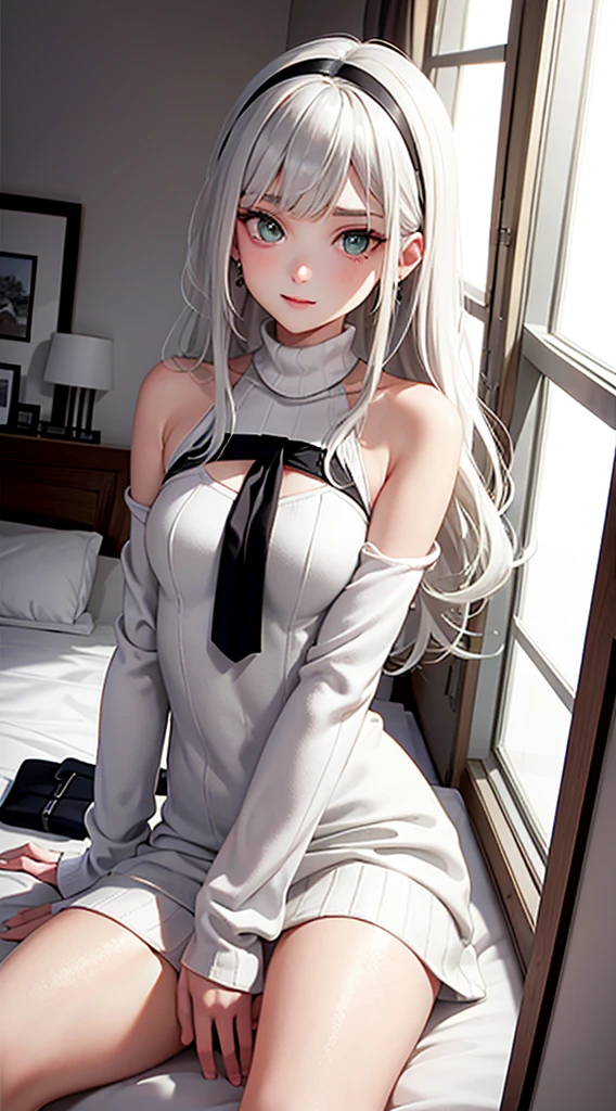 1Girl, Solo, Anime, Ideal body, (Cleavage, (Small breast:1.1), (Hard nipples:1.1). Beautiful, Gorgeous, Fresh, Blunt Bangs, (White Grey Hair:1.5),(Straight and Wavy Long Hair:1.3), school, student, uniform, eyeglasses, Off-Shoulder, Oversize, dress laced, Comfort, Loose dress, satin Texture. (Sit on bed:1.3). Earrings, Thin Black Headband, Green Accessories, Environmental Details, Bed Room, Natural Light, Modern Bed, Chair, Window, White Curtain, City View. pov, anime style, UHD, retina, masterpiece, accurate, anatomically correct, textured skin. High Resolution, Looking at the viewer, Blush, Best Quality, Award Winning, Accurate, Embarrassed, seductive smile, sweating, Naughty Face, Naughty, Gradient Eye Color, Sexy Pose. Cowboy Shot, licking lips, high class. 