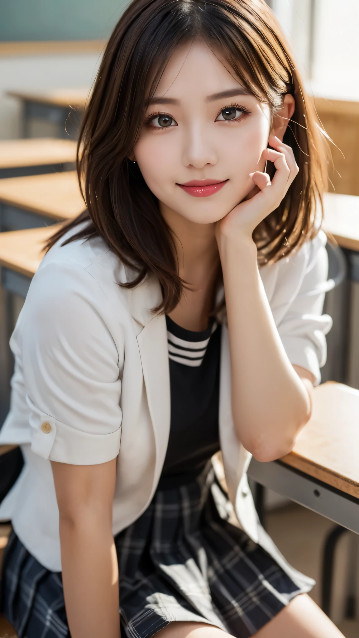 (masterpiece:1.3), (16k, photorealistic, RAW photo, best quality: 1.4),(photo of a beautiful Japanese girl), absurdres, attractive, ultra high resolution, ultra realistic, highly detailed, golden ratio, ultra detailed, super fucking beautiful detailed face, natural makeup, detailed cloth texture, detailed hair texture, beautiful detailed fullbody, Perfect female body, accurate, Anatomically correct, Highly detailed face and skin texture, (beautiful hands), (realistic skin), (beautiful pale skin:1.1), (Perfect dynamic composition, looking at viewer, full body shot:1.3), 
BREAK, 
realistic eyes, beautiful detailed eyes, symmetric eyes, Light Brown eyes, Double eyelids, Thin eyebrows, (Glossy lips:1.4), ((A face with waiting for a kiss, Seductive smile:1.2)), (weat skin, blush:1.1), 
BREAK, 
((short hair, bob, Dark blonde hair, bangs:1.2)), (Daytime, Straddling a chair, classroom:1.3), (school uniform, White short sleeve, Blue jacket, Checkered mini skirt, Black Loafers:1.3)
