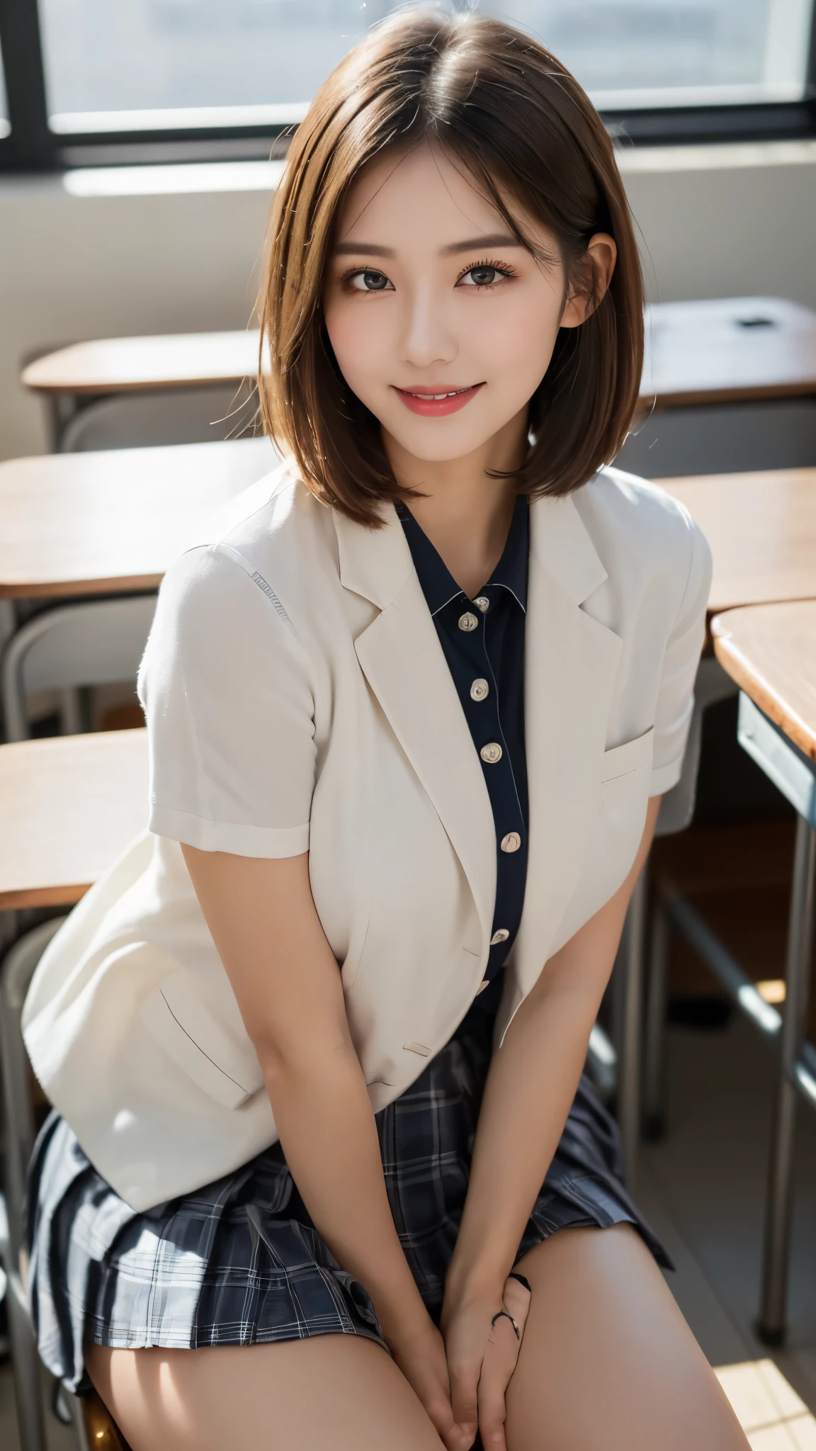 (masterpiece:1.3), (16k, photorealistic, RAW photo, best quality: 1.4),(photo of a beautiful Japanese girl), absurdres, attractive, ultra high resolution, ultra realistic, highly detailed, golden ratio, ultra detailed, super fucking beautiful detailed face, natural makeup, detailed cloth texture, detailed hair texture, beautiful detailed fullbody, Perfect female body, accurate, Anatomically correct, Highly detailed face and skin texture, (beautiful hands), (realistic skin), (beautiful pale skin:1.1), (Perfect dynamic composition, looking at viewer, full body shot:1.3),
BREAK,
realistic eyes, beautiful detailed eyes, symmetric eyes, Light Brown eyes, Double eyelids, Thin eyebrows, (Glossy lips:1.4), ((A face with waiting for a kiss, Seductive smile:1.2)), (weat skin, blush:1.1),
BREAK,
((short hair, bob, Dark blonde hair, bangs:1.2)), (Daytime, Straddling a chair, classroom:1.3), (school uniform, White short sleeve, Blue jacket, Checkered mini skirt, Black Loafers:1.3)