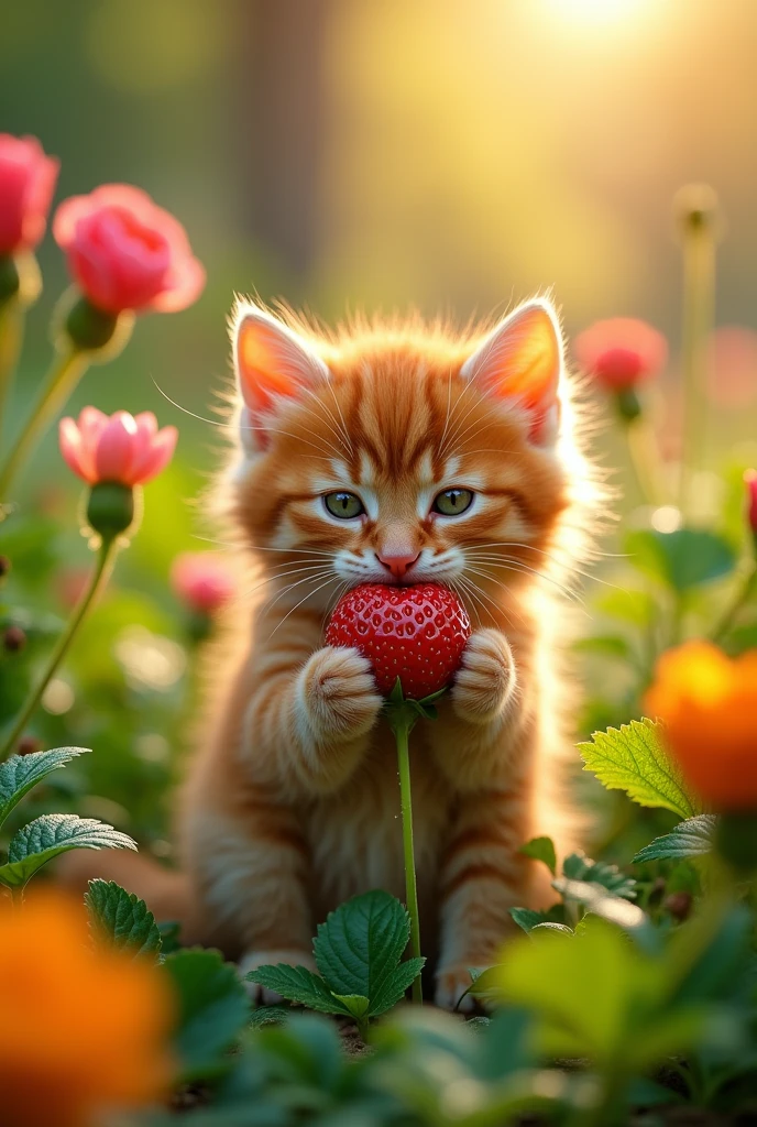 A very deep red fluffy kitten is eating a strawberry in its mouth in a realistic 8k uhd garden.