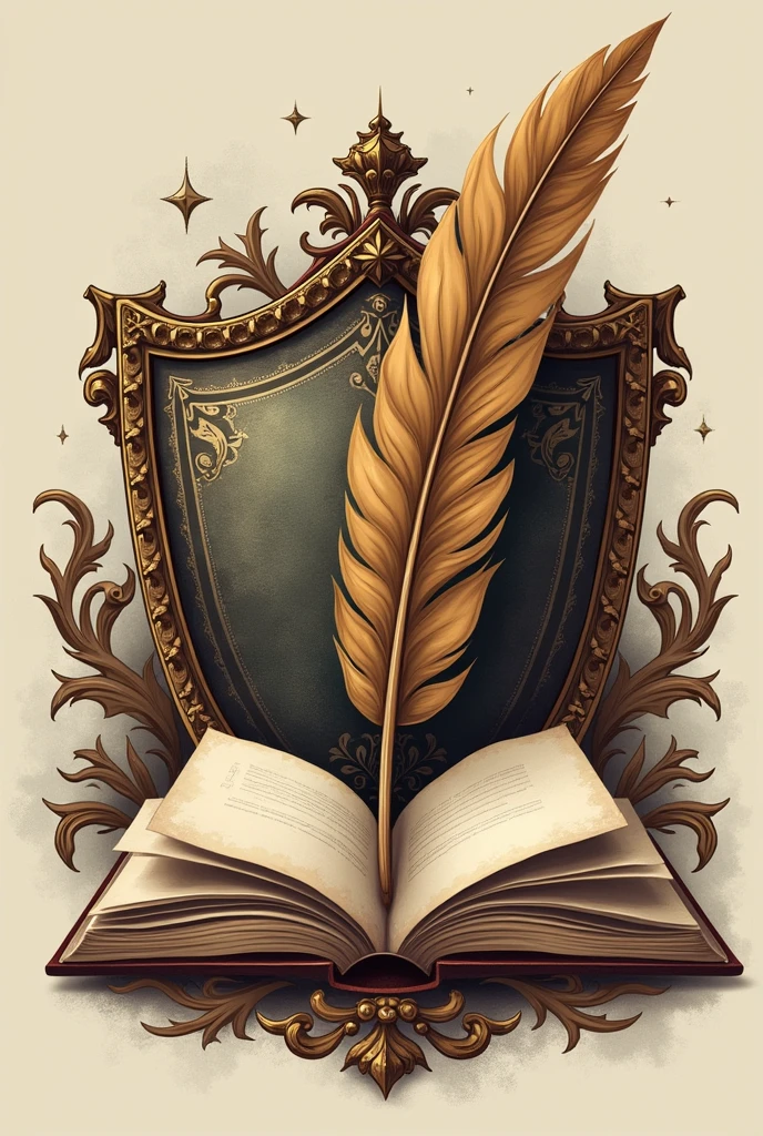 Please design a logo inspired by English literature. The logo should feature elements such as a classic book, a quill or pen, and perhaps an emblematic symbol like a shield or crest. Incorporate subtle details that evoke the essence of literary tradition and historical significance. The design should blend these elements harmoniously, reflecting the richness and depth of English literary heritage."