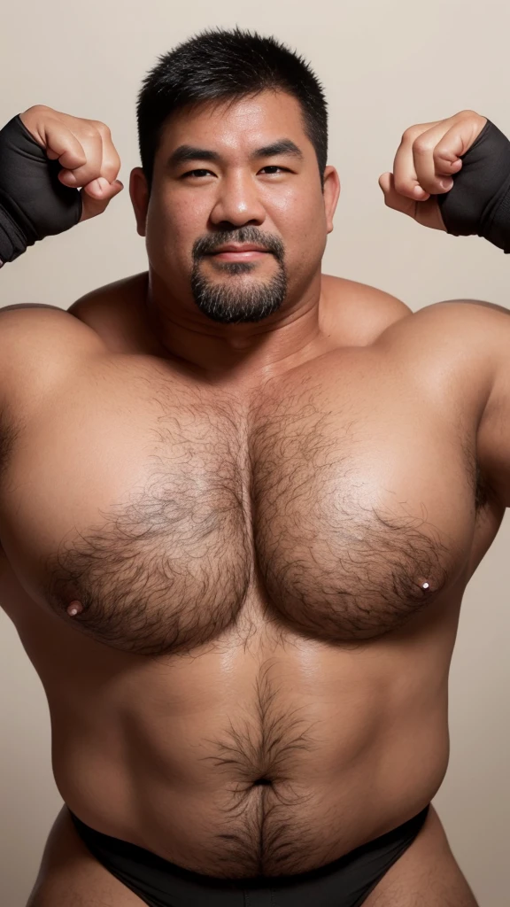 black hair, middle-aged man, individual, male, Muscular wrestler, muscular, Stout wrestler, Asian, Japanese, uncle, 55 year old middle-aged man, short hair, short hair, white wrestling boots, full body portrait, shadow, Vision, white briefs, obesity, 45 years old, short beard, middle-aged man, tattoo, fingerless gloves, Wheat skin, shiny skin, dark skin, Show your pectoral muscles, sumo wrestler, bodybuilder, wide temples, Visible abdominal muscles, Smile, Fine hands, solid color background, pure white background, Surrealism, Panorama, 8k, super detail,