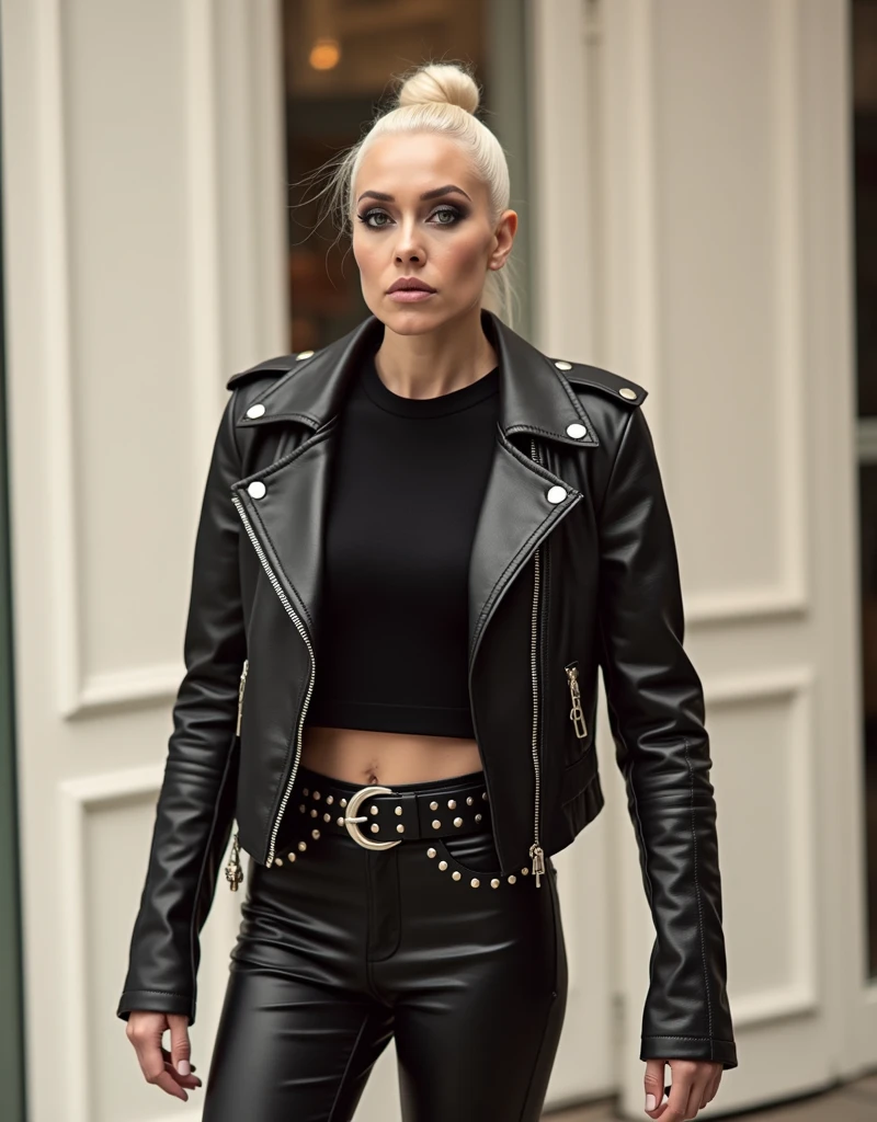 Old russian milf, platinum blonde hair in top bun ,with very light blue eyes, pale, heavy eye shadow s. Wearing black moto jacket, cropped rock t-shirt, black leather jeans and white tennis sneakers. Wide studded belt,Scared