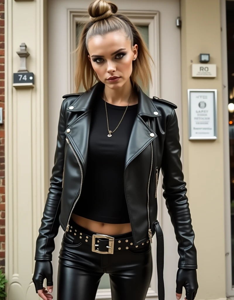 Old russian milf, platinum blonde hair in top bun ,with very light blue eyes, pale, heavy eye shadow s. Wearing black moto jacket, cropped rock t-shirt, black leather jeans and white tennis sneakers. Wide studded belt,Scared