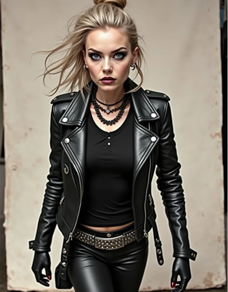 Old russian milf, platinum blonde hair in top bun ,with very light blue eyes, pale, heavy eye shadow s. Wearing black moto jacket, cropped rock t-shirt, black leather jeans and white tennis sneakers. Wide studded belt,Scared