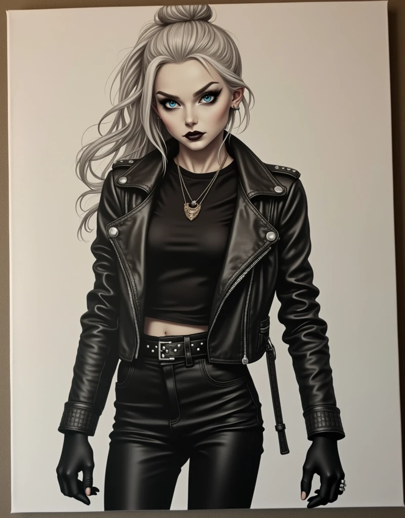 Old russian milf, platinum blonde hair in top bun ,with very light blue eyes, pale, heavy eye shadow s. Wearing black moto jacket, cropped rock t-shirt, black leather jeans and white tennis sneakers. Wide studded belt,Scared
