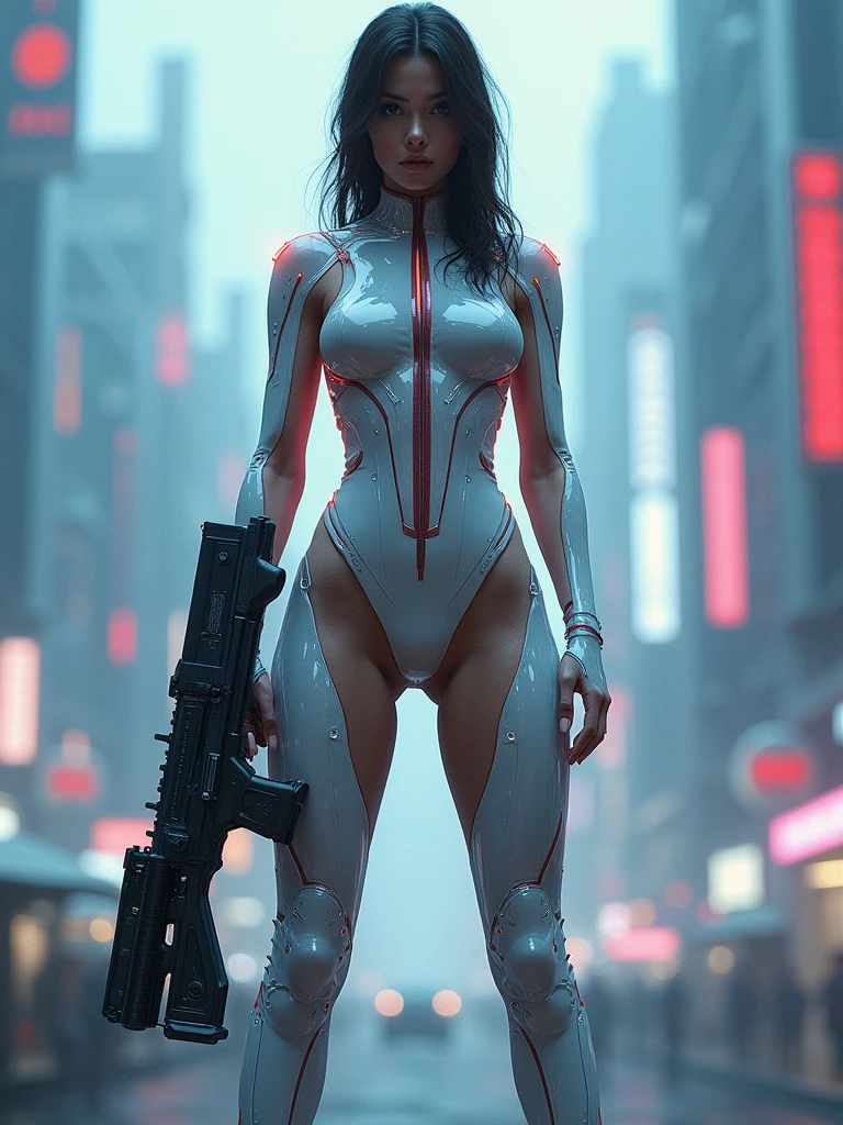 beautiful and stunning military woman in a futuristic transparent acrylic uniform, with a large weapon, super detailed image