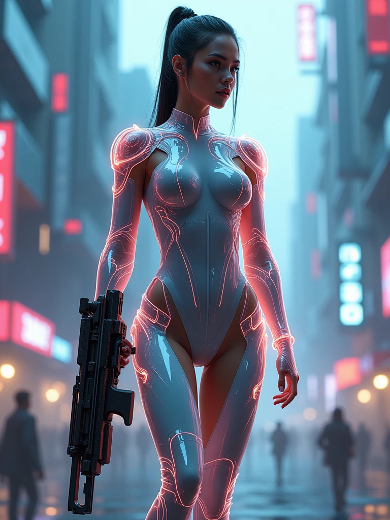 beautiful and stunning military woman in a futuristic transparent acrylic uniform, with a large weapon, super detailed image