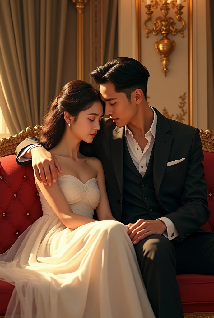 A girl in white dress, a handsome aloof man in a suit, his face is 3/4 facing the camera, his hand is resting on the girl's head lovingly, background, 4k, vivid, luxurious mansion, they are sitting on the couch, digital art, semi realistic, Zhang linghe