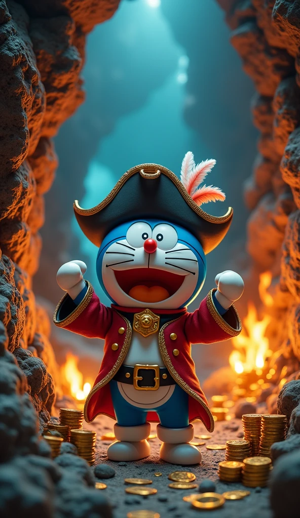 Image of captain doraemon wearing pirate costume . Doraemon found a treasure trove with precious gems, gold and ancient artifacts, scattered in a drawer or a large space in the cave. Sharp 4k 3d images 
