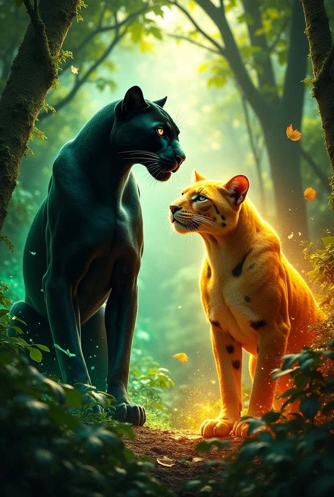 An imposing black panther faces off against a fierce, majestic panther. Both figures exude raw power as they prepare for a fusion, Surrounded by whirlwinds, Mystic energies in a dense jungle atmosphere. The anticipation of their fusion is palpable, With green and orange auras beginning to intertwine